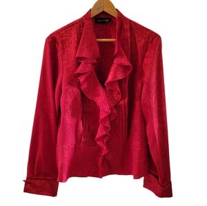 90s Jones New York Red Ruffle Cropped Long Sleeve Blouse‎ XL